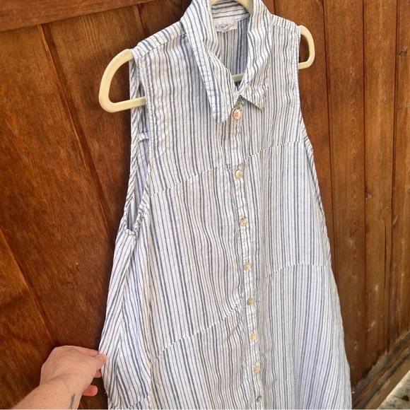 Le Paris Petit Linen Sleeveless Tunic Dress Pinstripe Button Down High Low Hem M - Picture 6 of 10